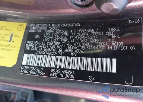 2008 Toyota Highlander z USA, uszkodzony, nr VIN JTEES41A282091511